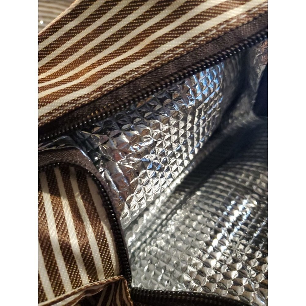 Lunch Bag Insulated Brown Stripe Satin Finish Double Handle Zip Closure - Picture 3 of 3